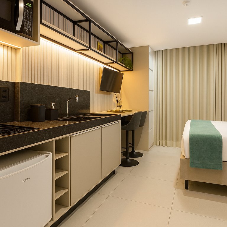 Studio moderno com rooftop vista mar